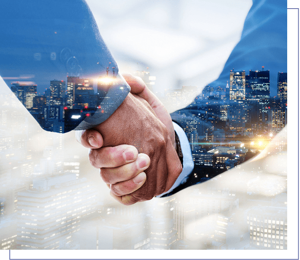 Business handshake with cityscape background.